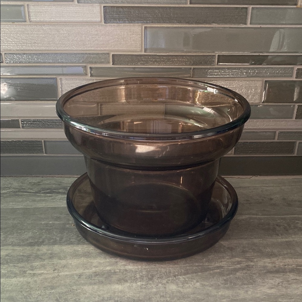 Vintage Corning USA Plant Helpers Smoked Glass Pot & Saucer